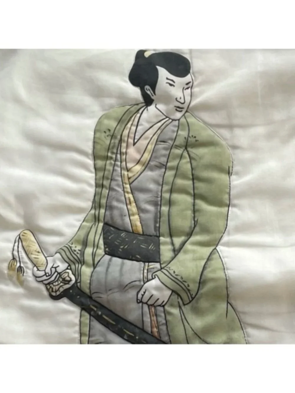 Vintage Handpainted Quilted Japanese Kenshi Swordsman Scenic Throw Pillow Cover